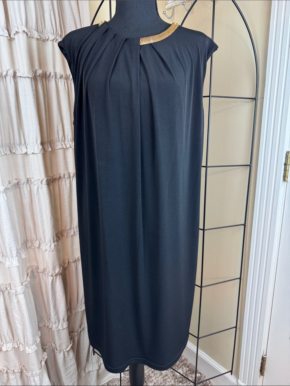 Calvin Klein Black Dress with Gold Neck Trim Size 14W EUC